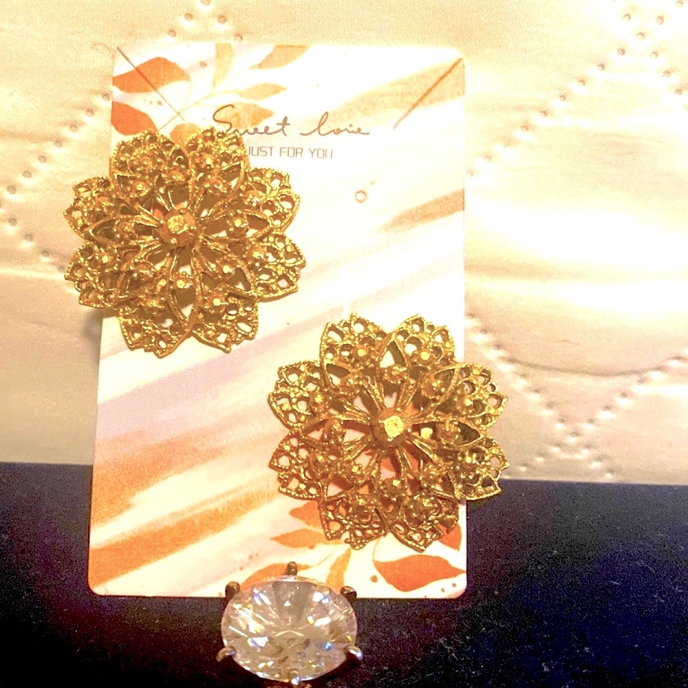 Gold Tone Clip On Earrings with Gold Stones OS
